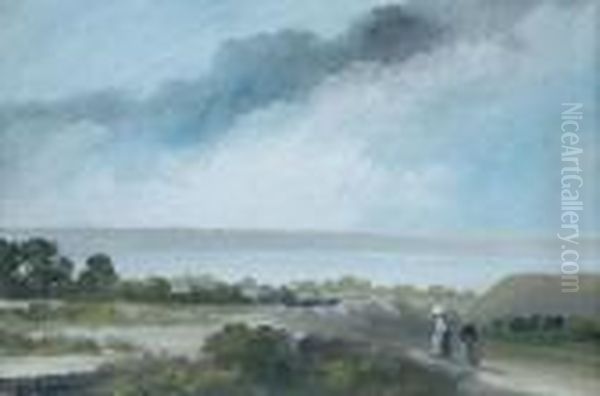 Landscape With Two Walkers On A 
Track Bearssignature Lower Left Gouache On Paper 17.1 X 25.3 Cm Oil Painting by Jean-Baptiste-Camille Corot