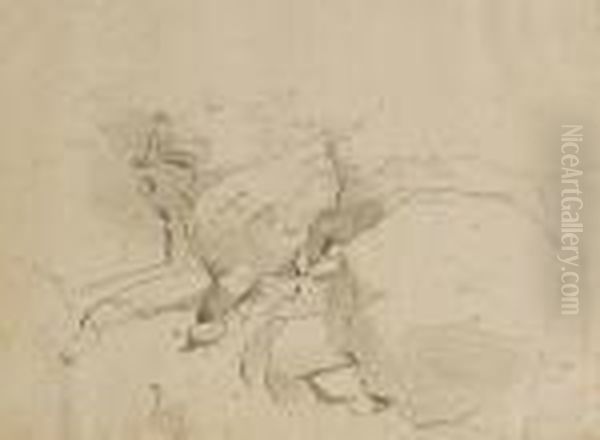 Etude D'arbres En Italie; Genzano, Etude De Rochers Et Paysan S'eloignant Sur Un Mulet Oil Painting by Jean-Baptiste-Camille Corot