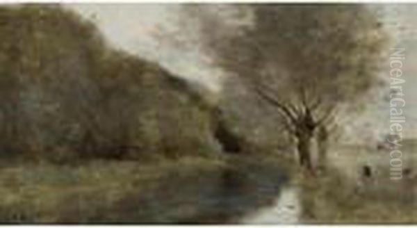 Pres Gisors: Saulaie Et Riviere, Effet Du Matin Oil Painting by Jean-Baptiste-Camille Corot