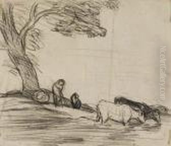 Landscape With A Shepherd And 
Cows At A Watering Hole; Landscapewith Animals (double-sided) Oil Painting by Jean-Baptiste-Camille Corot
