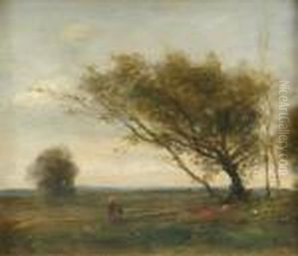 Follower Of 
Jean-baptiste-camille Corot Landscape With Two Figures And A Group Of 
Windswepttrees Oil Painting by Jean-Baptiste-Camille Corot
