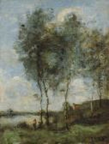 Pecheur Au Bord De La Riviere Oil Painting by Jean-Baptiste-Camille Corot