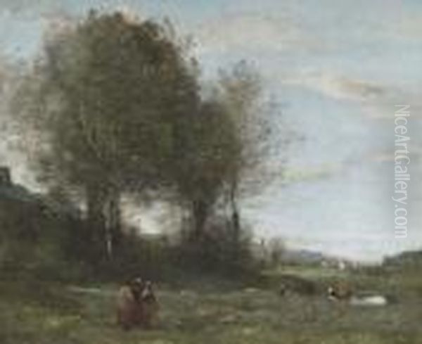 Trois Paysannes Dans Un Pre, Souvenir De Bretagne Oil Painting by Jean-Baptiste-Camille Corot