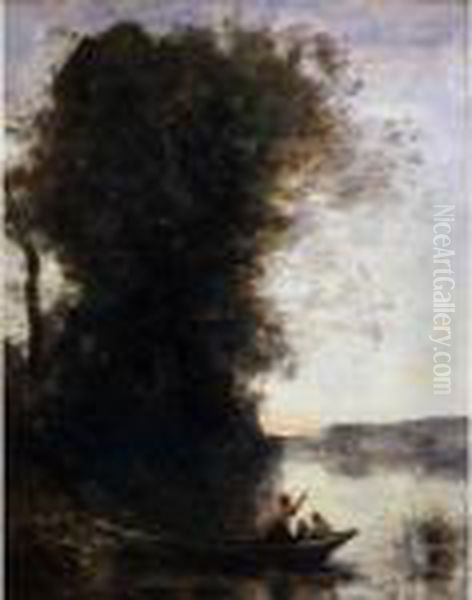 Le Batelier Quittant La Rive 
Avec Une Femme Et Un Enfant Assis Dans Sa Barque, Soleil Couchant Oil Painting by Jean-Baptiste-Camille Corot