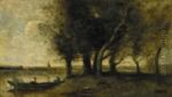 Barque A La Rive, Au Pied D'un Groupe D'arbres Oil Painting by Jean-Baptiste-Camille Corot