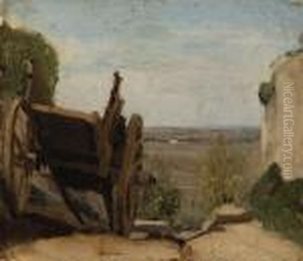 La Charrette 
Oil On Paper Laid Down On Canvas Oil Painting by Jean-Baptiste-Camille Corot