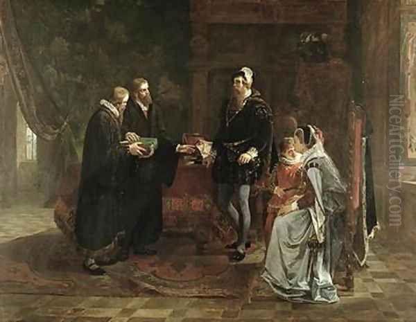 King Gustav I Vasa 1496-1560 of Sweden Receiving the Swedish Translation of the Bible Oil Painting by Julius Johann Ferdinand Kronberg