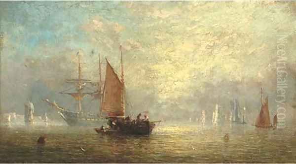 Fishermen unloading at dusk, with a frigate at anchor beyond Oil Painting by Adolphus Knell