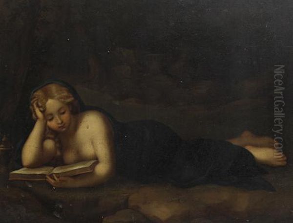 Saint Mary Magdalene Reading In A Landscape Oil Painting by Antonio Allegri da Correggio