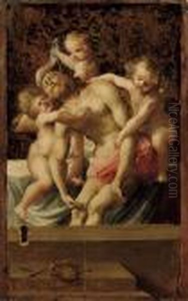 Cristo Morto Sorretto Da Tre Angeli Oil Painting by Antonio Allegri da Correggio