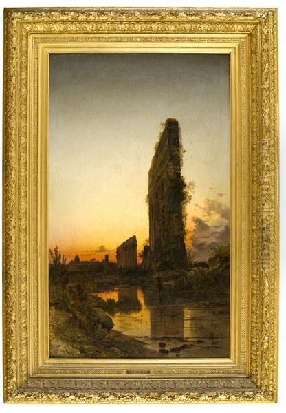 Buttero Con Bufali Presso L'acquedotto Claudio Oil Painting by Hermann David Solomon Corrodi