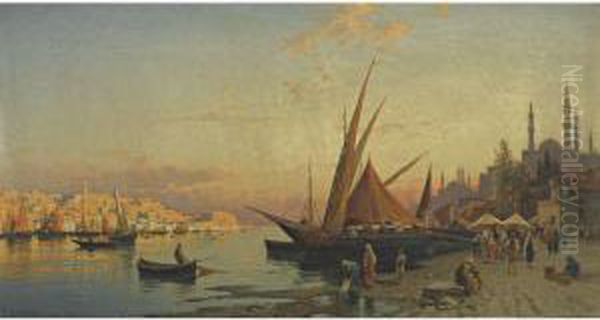 Capriccio View Of The Golden Horn, Constantinople Oil Painting by Hermann David Solomon Corrodi