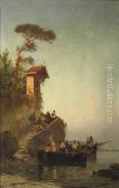 A Coastal Scene With Fishermen And A Monk Praying Withchildren Oil Painting by Hermann David Solomon Corrodi