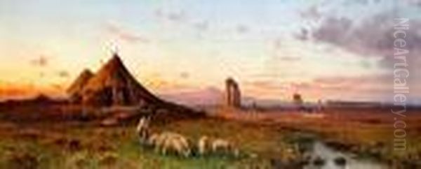 Shepherdess And Flock In The Roman Campagna Oil Painting by Hermann David Solomon Corrodi