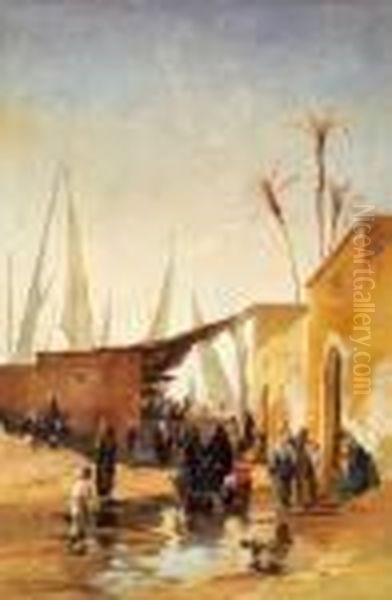 Scene Animee Au Bord Du Nil Oil Painting by Hermann David Solomon Corrodi