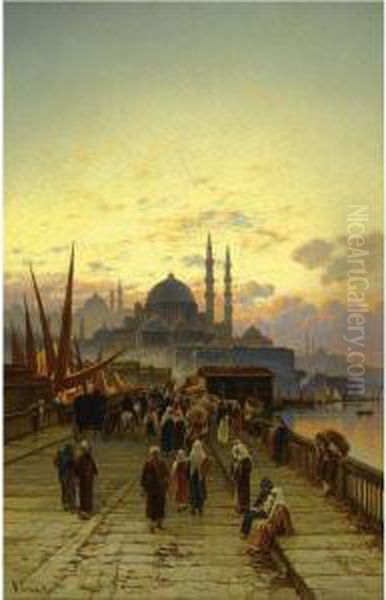 The Galata Bridge, Constantinople Oil Painting by Hermann David Solomon Corrodi