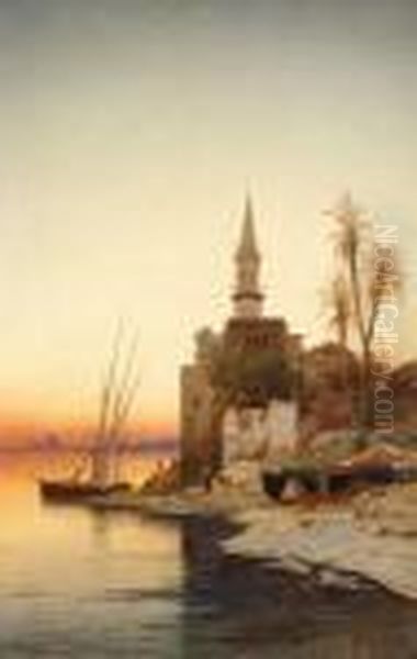 Sonnenuntergang Ubereiner Nillandschaft Im Hintergrund Pyramiden Oil Painting by Hermann David Solomon Corrodi