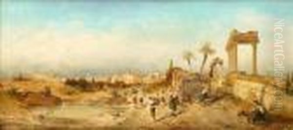 Fetching Water At A Fountain Oil Painting by Hermann David Solomon Corrodi