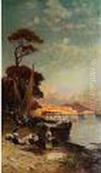 Fischerfamilien Am Ufer Der Bucht Von Neapel Im Abendlicht Oil Painting by Hermann David Solomon Corrodi