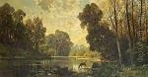 A Tranquil Wooded Scene With Deer Drinkingfrom A Pond Oil Painting by Hermann David Solomon Corrodi