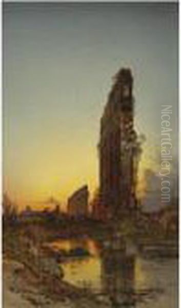 Ruins At Sunset Oil Painting by Hermann David Solomon Corrodi