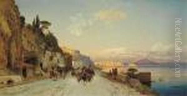 Naples From The Via Posillipo, With The Palazzo Anna And Vesuvius Beyond Oil Painting by Hermann David Solomon Corrodi