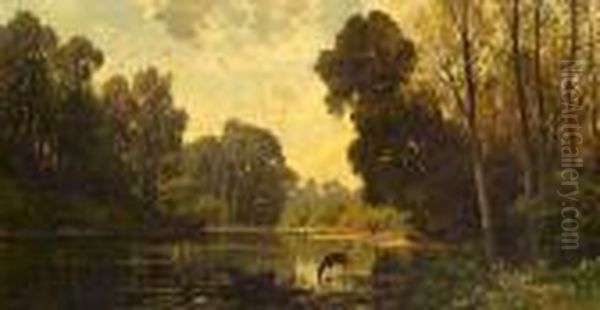 A Tranquil Wooded Scene With Deer Drinking From A Pond Oil Painting by Hermann David Solomon Corrodi