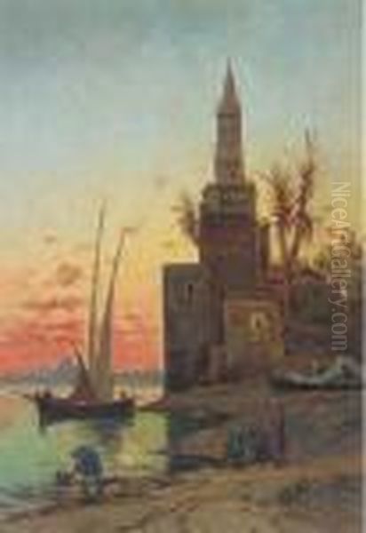 Sunset On The Nile, The Pyramids Beyond Oil Painting by Hermann David Solomon Corrodi