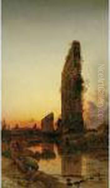 Cattle By The Ruins Of A Roman Aqueduct Oil Painting by Hermann David Solomon Corrodi