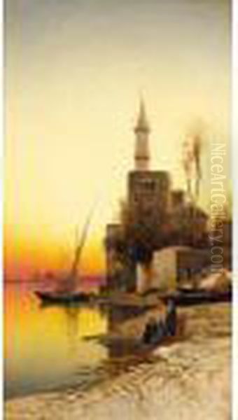 The Nile At Sunset, The Pyramids Beyond Oil Painting by Hermann David Solomon Corrodi