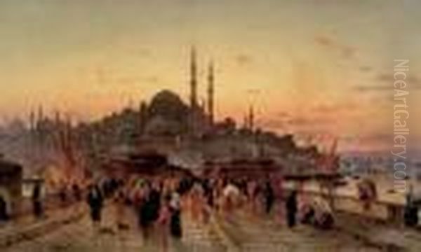 Le Pont De Galata Au Crepuscule Avec La Mosquee Yeni Valide Djami Oil Painting by Hermann David Solomon Corrodi