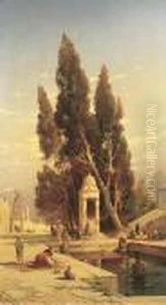 Bathers By A Well In An Arabian Village Square Oil Painting by Hermann David Solomon Corrodi