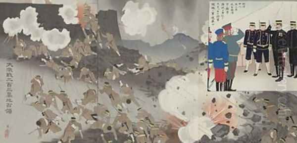 Great Battle for the Occupation of the 203 metre Hill Dai nihyakusan kochi senryo Meiji era Oil Painting by Kobayashi Kiyochika