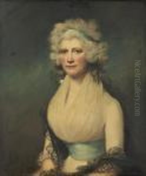 Portrait Of A Lady Traditionally
 Identified As Mrs Mary Gee, Half-length, In A White Dress And Black 
Lace Shawl Oil Painting by Richard Cosway