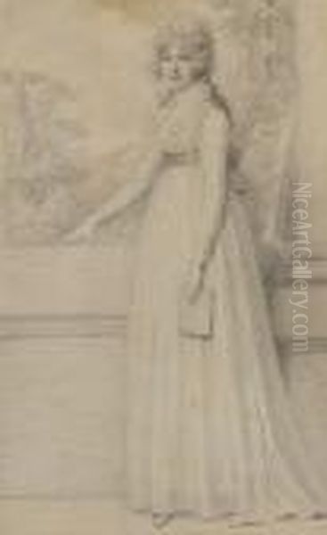 Mrs John Drummond (nee Hester 
Cholmondeley),full-length, Wearing Dress With Frilled Trim And Sash, Her
 Curledhair Powdered, She Holds A Book In Her Left Hand And Rests 
Herright Hand On A Balustrade. Oil Painting by Richard Cosway