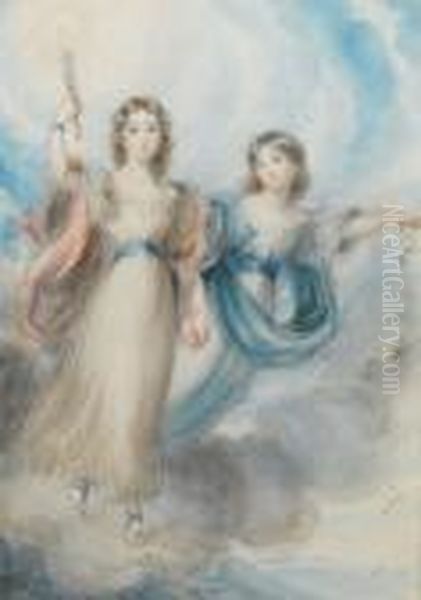 Two Allegorical Figures 
Representing Dawn; Onthe Left, Wearing White Robe With Blue Sash And 
Pink Drapery, Bluesandals, Her Curling Hair Worn Long, Her Right Arm 
Holding Aflaming Torch Aloft, On The Right, Wearing White Robe With 
Bluesash And Blue Oil Painting by Richard Cosway