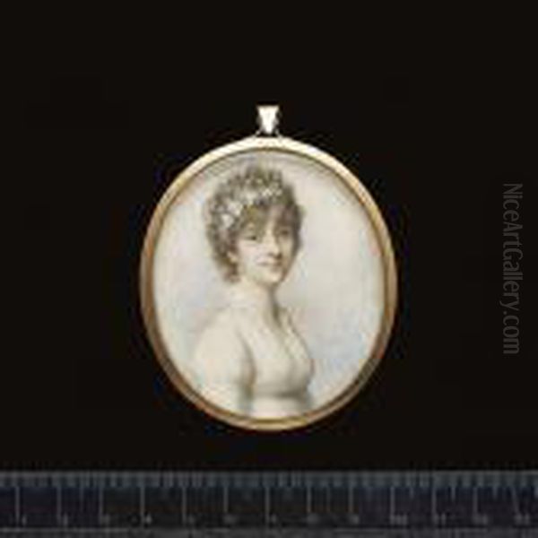 A Lady Of The Blake Family, 
Wearing White Dress With Corded Waistband, Drop Earring And Garland Of 
Flowers In Her Curled Hair. Oil Painting by Richard Cosway