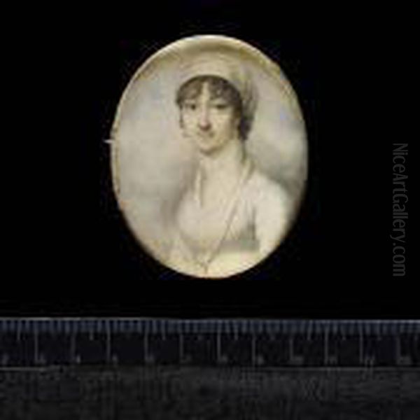 A Lady Of The Blake Family, 
Wearing White Dress, Long White Scarf About Her Neck, Silver Locket On A
 Chain About Her Neck, Drop Earrings And Turban. Oil Painting by Richard Cosway