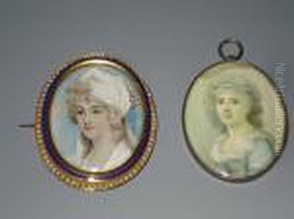 A Lady, Wearing A Blue Dress 
With Lace Trimmings, The Reverse With A Silhouette Of A Gentleman, Oval,
 Together With One Other Of A Lady Wearing A White Dress And Bonnet Oil Painting by Richard Cosway