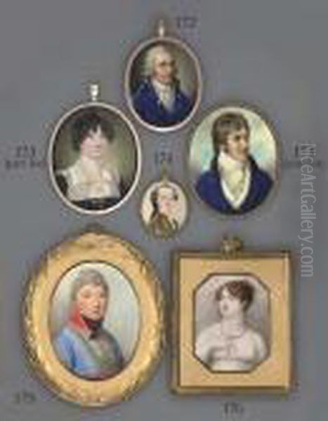 Princess Amelia (1783-1810), In 
White Dress With Blue Sash, Her Right Arm Raised To Her Neck And Holding
 Her Pearl Necklace, Drop-pearl Earring, Her Brown Hair Curled And 
Upswept And Coiled In A Plait Oil Painting by Richard Cosway