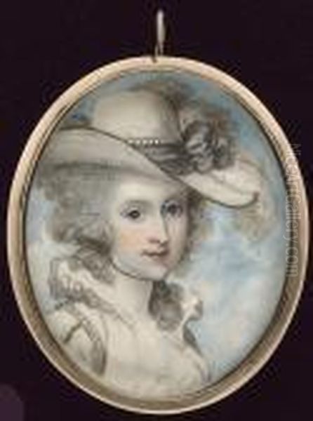 A Lady, Wearing White Dress With
 Ruff Collar, Pearls On Her Sleeve, Cream Hat With Black Trim Adorned 
With Black Ribbon, Pearls And Ostrich Feathers Oil Painting by Richard Cosway