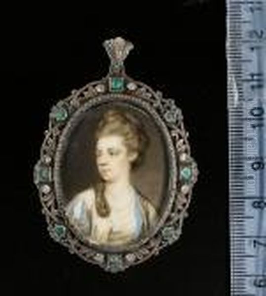 A Lady, Wearing White Open Robe 
With Gold Embroidered Trim And Sleeves Slashed To Reveal Blue, White 
Underslip, Her Hair Piled High And Falling Over Her Right Shoulder Oil Painting by Richard Cosway