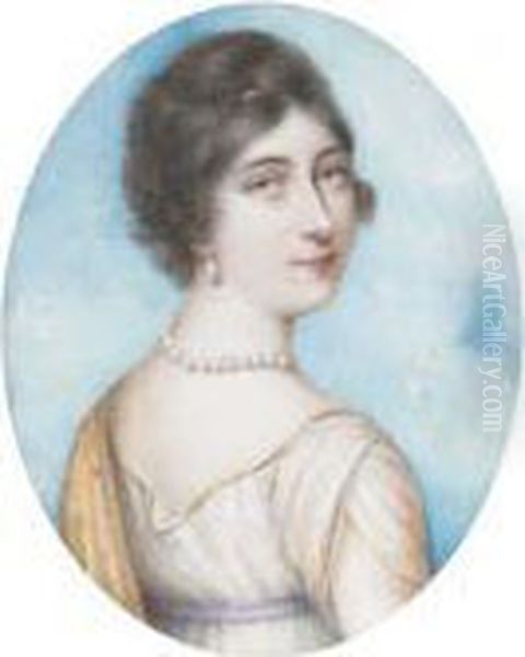 Countess Of Donoughmore (nee 
Hutchinson), In White Dress With Lilacsash, A Yellow Floral Stole Over 
Her Shoulders, Pearl Necklace Andearring; Sky Background Oil Painting by Richard Cosway