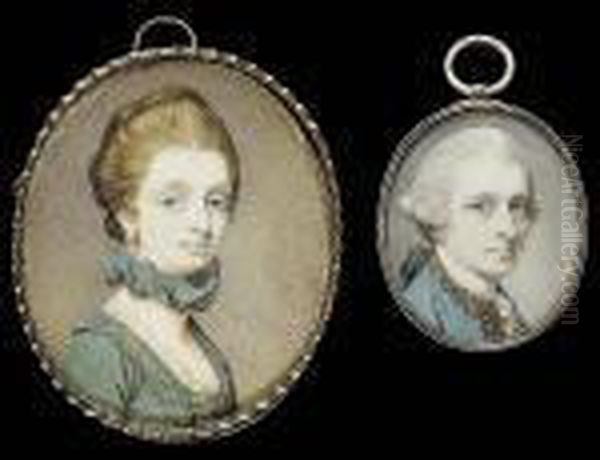 Two Portraits Of Alexander Hume 
And Anna Hume; He Wearing Blue Coat With Gold Edging And Matching 
Waistcoat, White Stock And Lace Shirt, His Hair Powdered And Worn Oil Painting by Richard Cosway