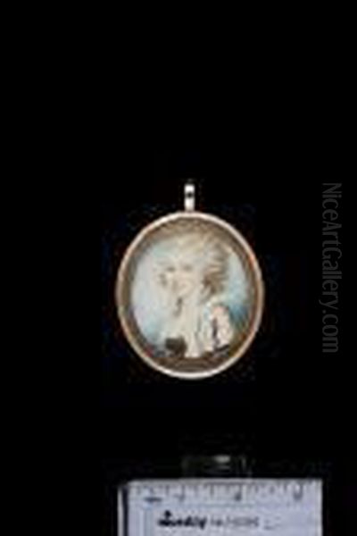 A Lady, Possibly Of The Lacey 
Family, Wearing White Dress With High Lace Collar, The Sleeves Decorated
 With Pearls And Black Ribbon, Matching Ribbon Corsage, Her Hair Curled 
And Powdered Oil Painting by Richard Cosway