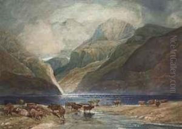 Cattle Watering By Llanberis Lake From Dolbadarn Castle, Withsnowdon Beyond, North Wales Oil Painting by John Sell Cotman