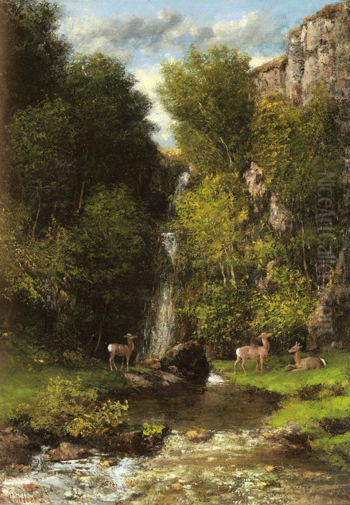 A Family Of Deer In A Landscape With A Waterfall Oil Painting by Gustave Courbet