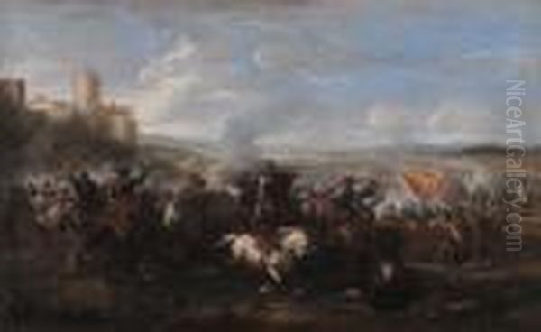 Scontro Di Cavalleriapresso Un Borgo Turrito Oil Painting by Jacques Courtois