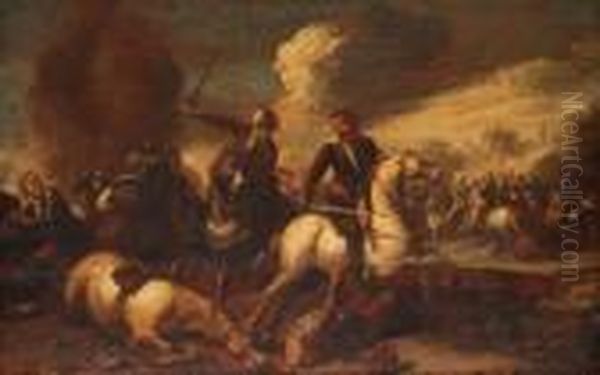 A Cavalry Skirmish Oil Painting by Jacques Courtois