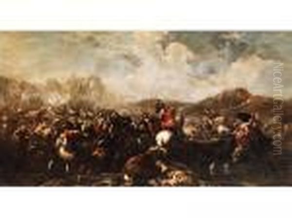 Dramatische Reiterschlacht In Bergigerlandschaft Oil Painting by Jacques Courtois